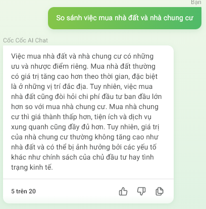 Cùng hỏi có 5 tỷ đồng thì nên mua nhà đất hay nhà chung cư, ChatGPT và chatbot AI của Việt Nam trả lời khác nhau ra sao? - Ảnh 3.