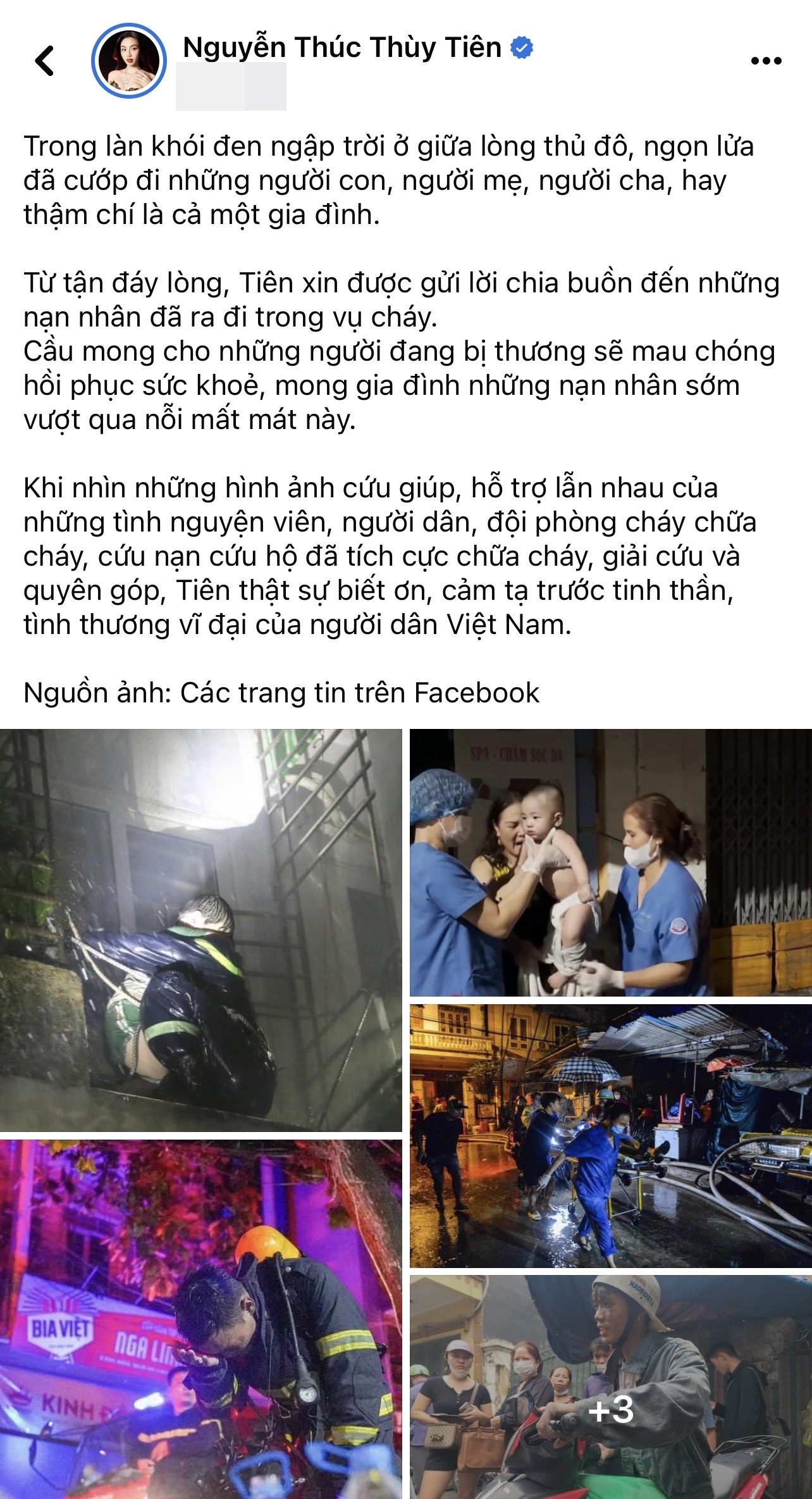 Thùy Tiên cùng dàn hậu Việt đau xót chia buồn với nạn nhân vụ cháy chung cư mini tại Hà Nội - Ảnh 1.