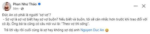 Ông xã Phan Như Thảo nhắc tới “trà xanh” khi bị vợ hỏi “sợ hay không sợ vợ”? - Ảnh 1.