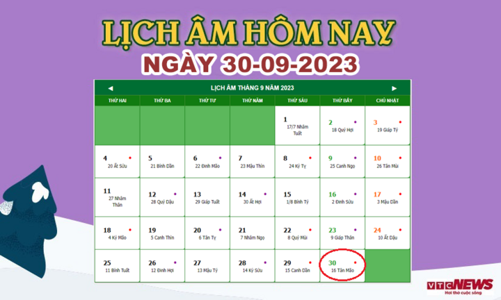 Lịch âm 30/9 - Âm lịch hôm nay 30/9 chính xác nhất - lịch vạn niên 30/9/2023 - Ảnh 1.