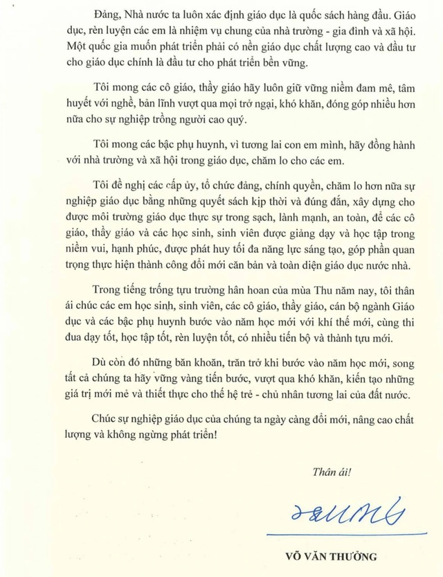 Thư của Chủ tịch nước Võ Văn Thưởng gửi ngành Giáo dục nhân dịp khai giảng năm học mới - Ảnh 3.