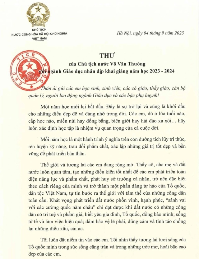 Thư của Chủ tịch nước Võ Văn Thưởng gửi ngành Giáo dục nhân dịp khai giảng năm học mới - Ảnh 2.