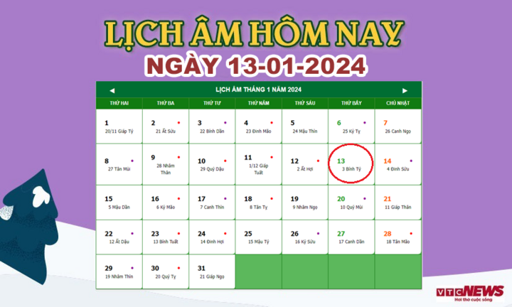 Lịch âm 13/1 - Âm lịch hôm nay 13/1 chính xác nhất - lịch vạn niên 13/1/2024
- Ảnh 1.