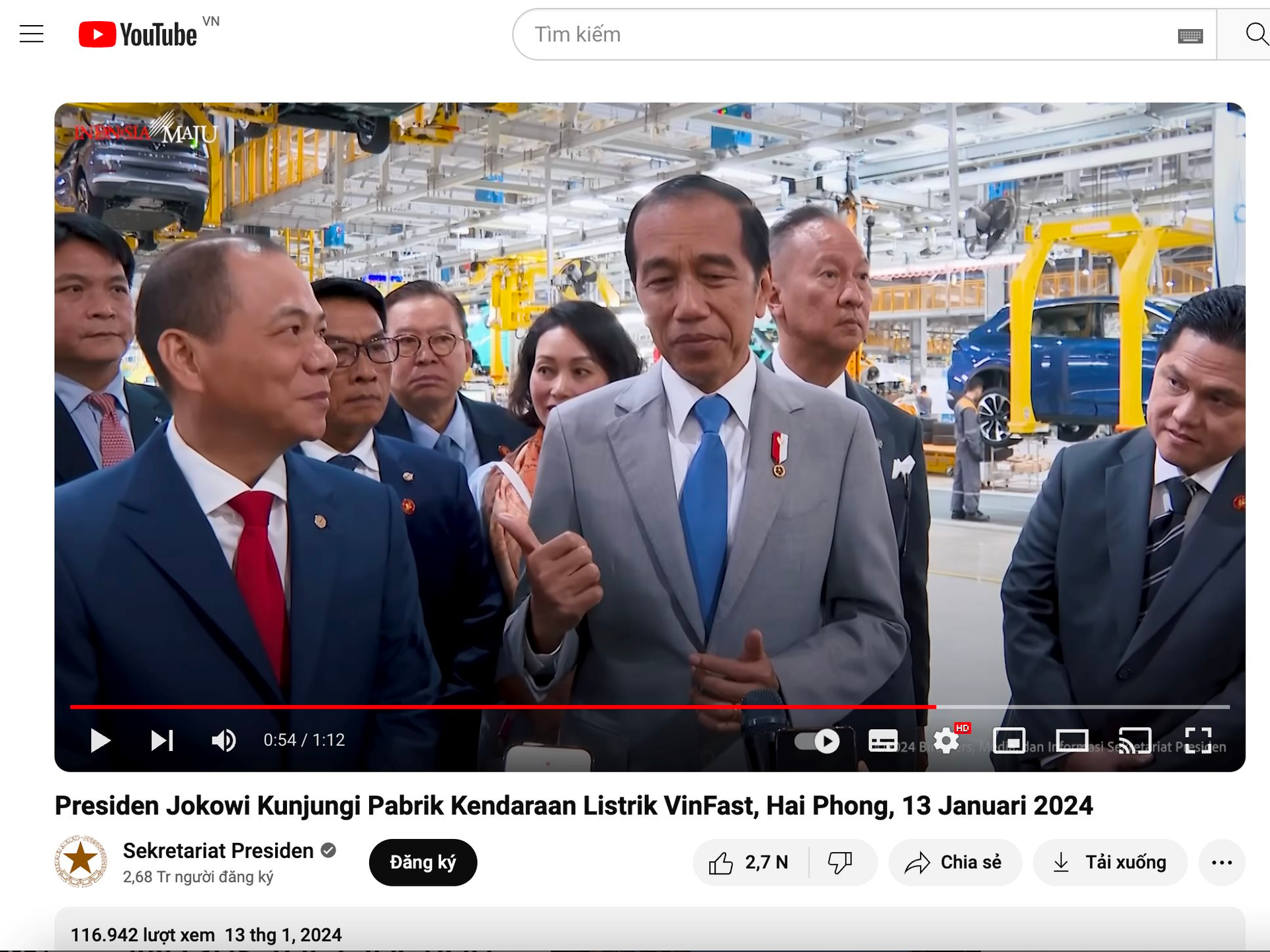 Kênh YouTube của Tổng thống Indonesia đăng video thăm nhà máy VinFast cùng ông Phạm Nhật Vượng: Công bố “đặc quyền” dành cho hãng xe Việt- Ảnh 1.