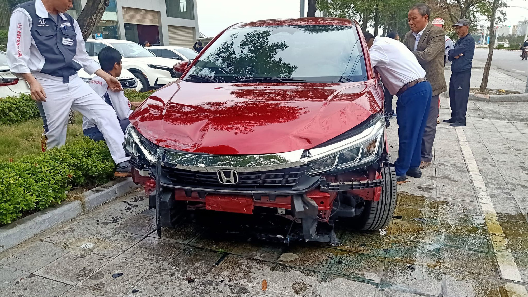 Ảnh TNGT: Chưa kịp gắn biển, Honda City lao qua bồn cây, vỡ nát đầu xe- Ảnh 1.