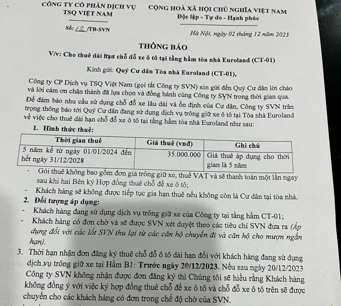 Hà Nội: Cư dân bất ngờ khi chủ đầu tư ra thông báo "cho thuê" hầm để xe 5 năm 35 triệu, dù vẫn phải trả tiền hàng tháng- Ảnh 1.