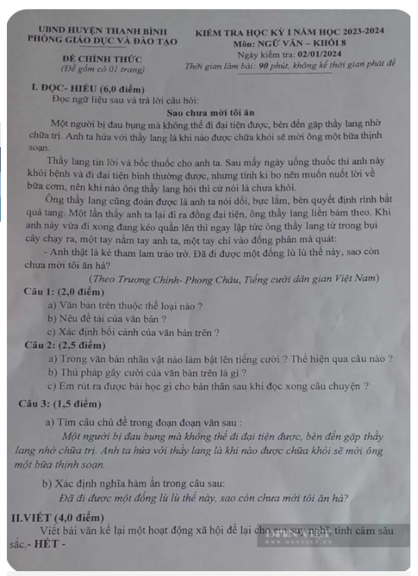 Đề thi Ngữ văn lớp 8 ở Đồng Tháp sử dụng ngữ liệu "phản cảm": Yêu cầu kiểm điểm người ra đề- Ảnh 1.