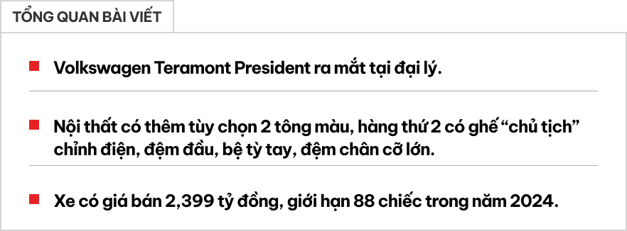 VW Teramont President về đại lý: Giá 2,4 tỷ đồng, hàng 2 ghế 'chủ tịch', có ADAS, giới hạn 88 xe trong năm 2024- Ảnh 1.