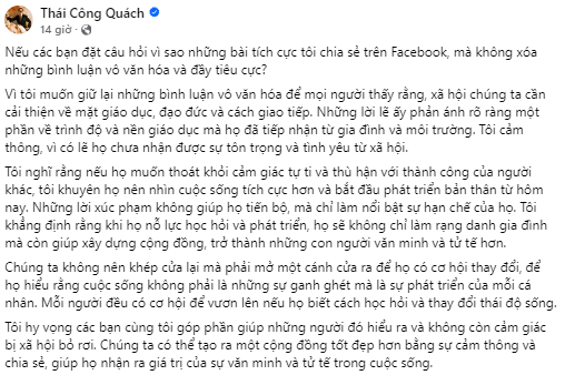 NTK Thái Công chia sẻ lý do không xoá những bình luận tiêu cực trên bài đăng MXH: Tôi cảm thông vì họ chưa nhận được sự tôn trọng và tình yêu!- Ảnh 1.