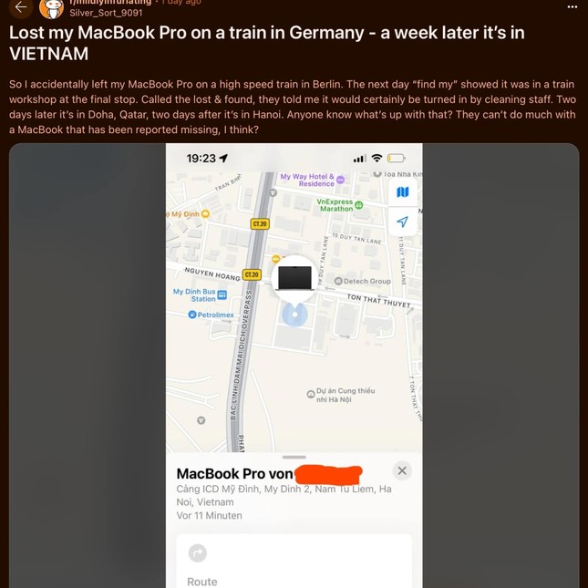MacBook Pro mất tích từ Đức về Hà Nội qua Find My - Ảnh 1.