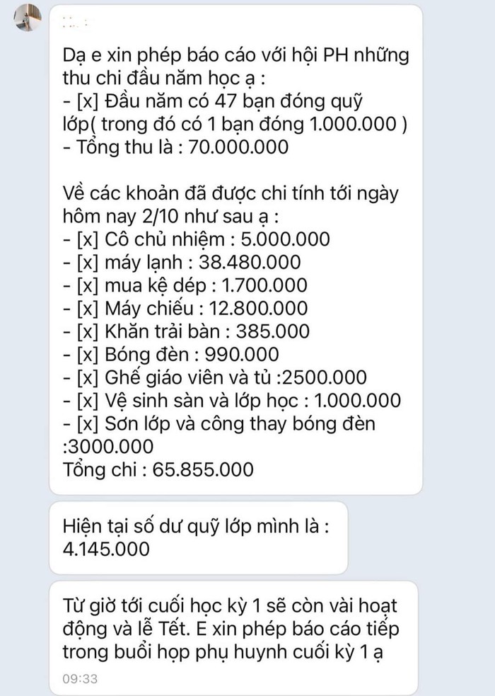 Một lớp ở TP.HCM thu quỹ 70 triệu đồng, sau 1 tháng đã chi hết gần 66 triệu đồng, hiệu trưởng nói gì? - Ảnh 1.