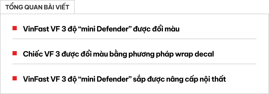 Chưa thỏa mãn với ‘mini Defender', VinFast VF 3 được thợ Việt đổi màu mới: Lần đầu xuất hiện trên mẫu xe này, tiết lộ sắp có nội thất thương gia- Ảnh 1.