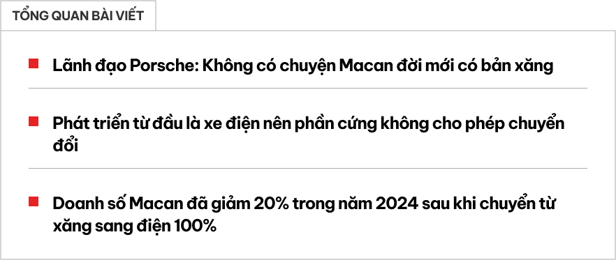 Khách thích, Porsche cũng không quay lại với Macan xăng: 'Bản điện ưu việt hơn hẳn, không lý gì quay lại bản kém hơn'- Ảnh 1.