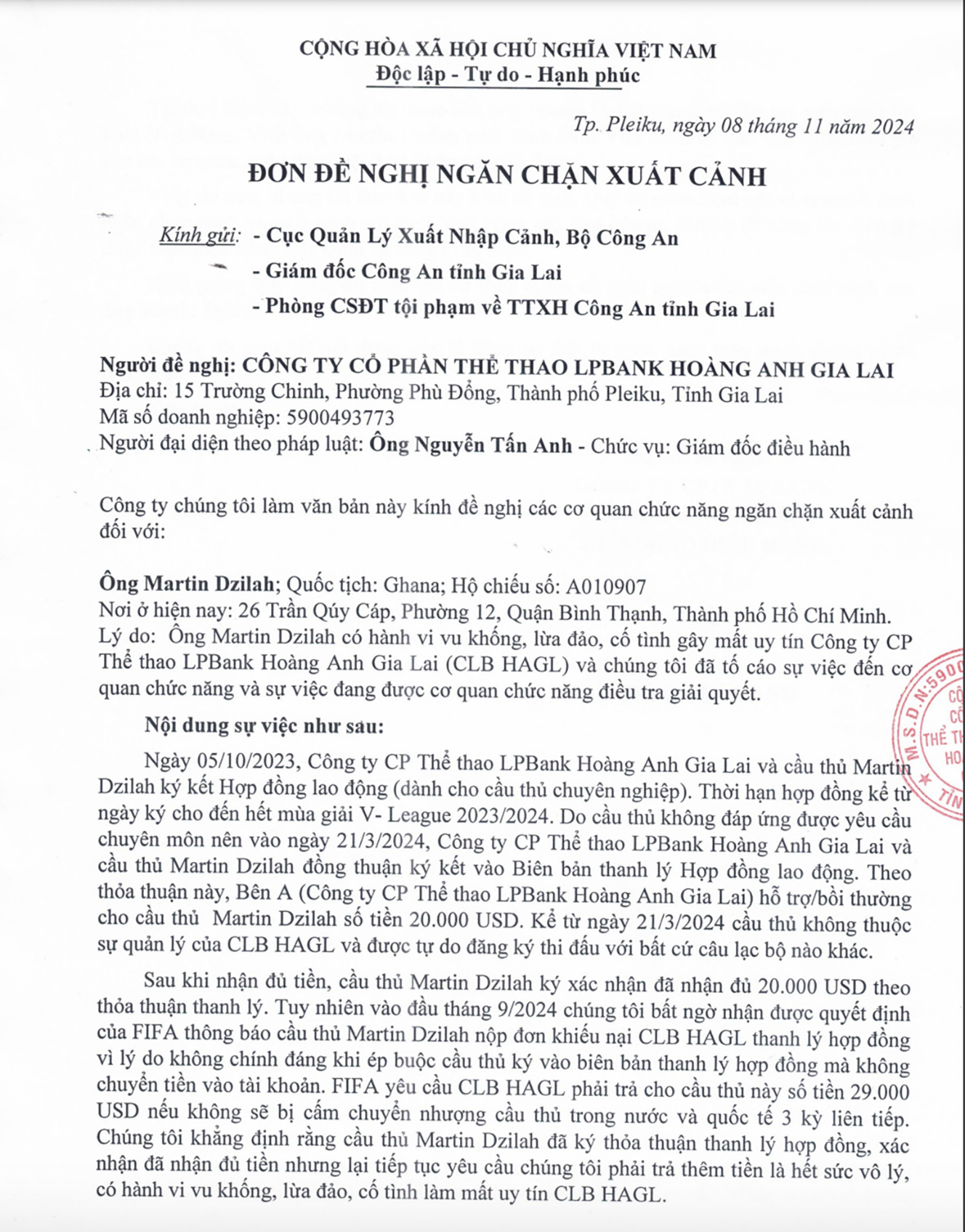 CLB Hoàng Anh Gia Lai đề nghị cấm Martin Dzilah xuất cảnh, đã kháng cáo FIFA- Ảnh 2.