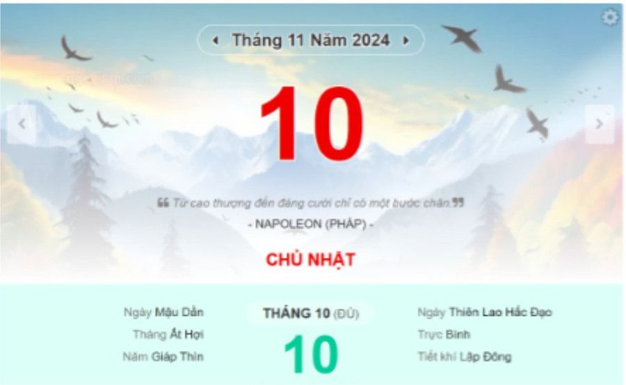 Lịch âm hôm nay bao nhiêu? Xem hướng và giờ tốt xuất hành ngày 10/11/2024 - Ảnh 1.