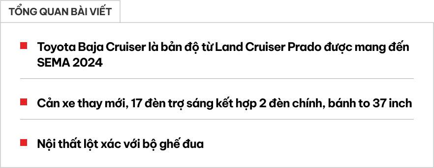 Chủ xe Toyota Prado 2024 mê offroad có thể tham khảo bản độ này: Bánh khủng, ghế đua, 19 đèn chiếu sáng - Ảnh 1.