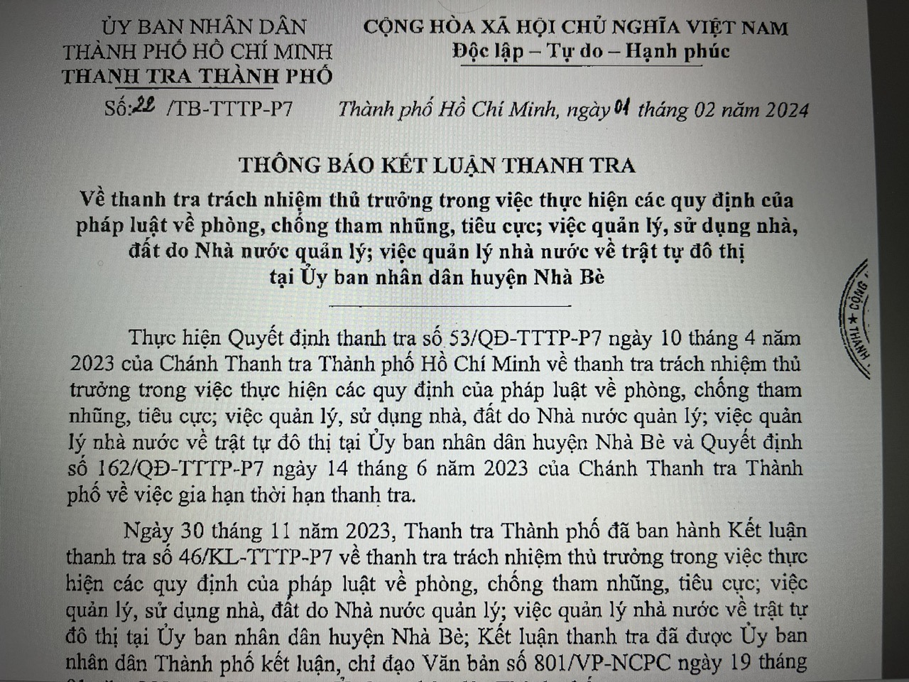 Vì sao thanh tra trách nhiệm tại UBND huyện Nhà Bè?- Ảnh 1.