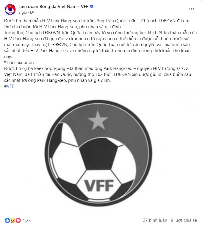 VFF và dàn cầu thủ ĐT Việt Nam chia buồn với HLV Park Hang Seo- Ảnh 2.