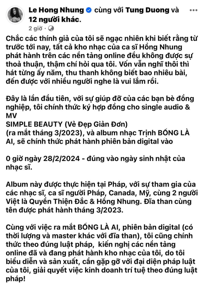 Diva Hồng Nhung bức xúc: toàn bộ kho nhạc online của cô đều không được sự cho phép từ chính chủ, nhờ pháp luật can thiệp!- Ảnh 1.