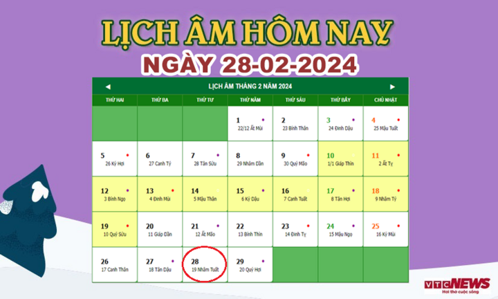 Lịch &acirc;m 28/2 - &Acirc;m lịch h&ocirc;m nay 28/2 ch&iacute;nh x&aacute;c nhất - lịch vạn ni&ecirc;n 28/2/2024- Ảnh 1.