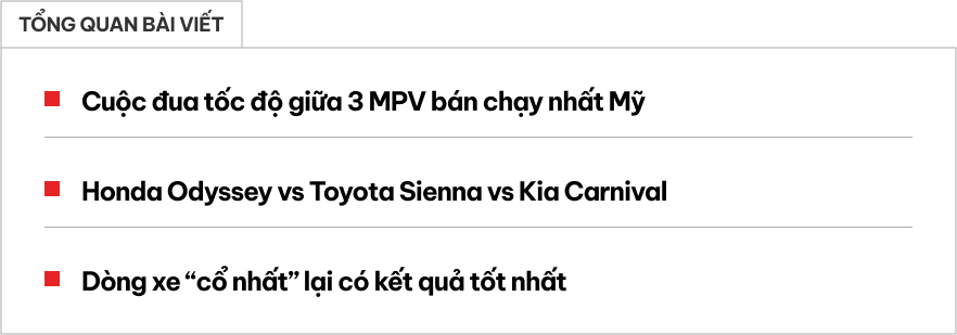 3 mẫu MPV quen mặt với người Việt đi đua: Carnival tăng tốc nhanh hơn Sienna, Honda Odyssey vẫn ấn tượng nhất- Ảnh 1.