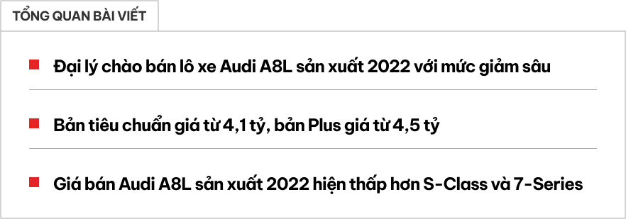 Audi A8L giảm giá chưa từng thấy tại đại lý: Khởi điểm 4,1 tỷ, sản xuất 2022, rẻ hơn hẳn 7-Series và S-Class- Ảnh 1.