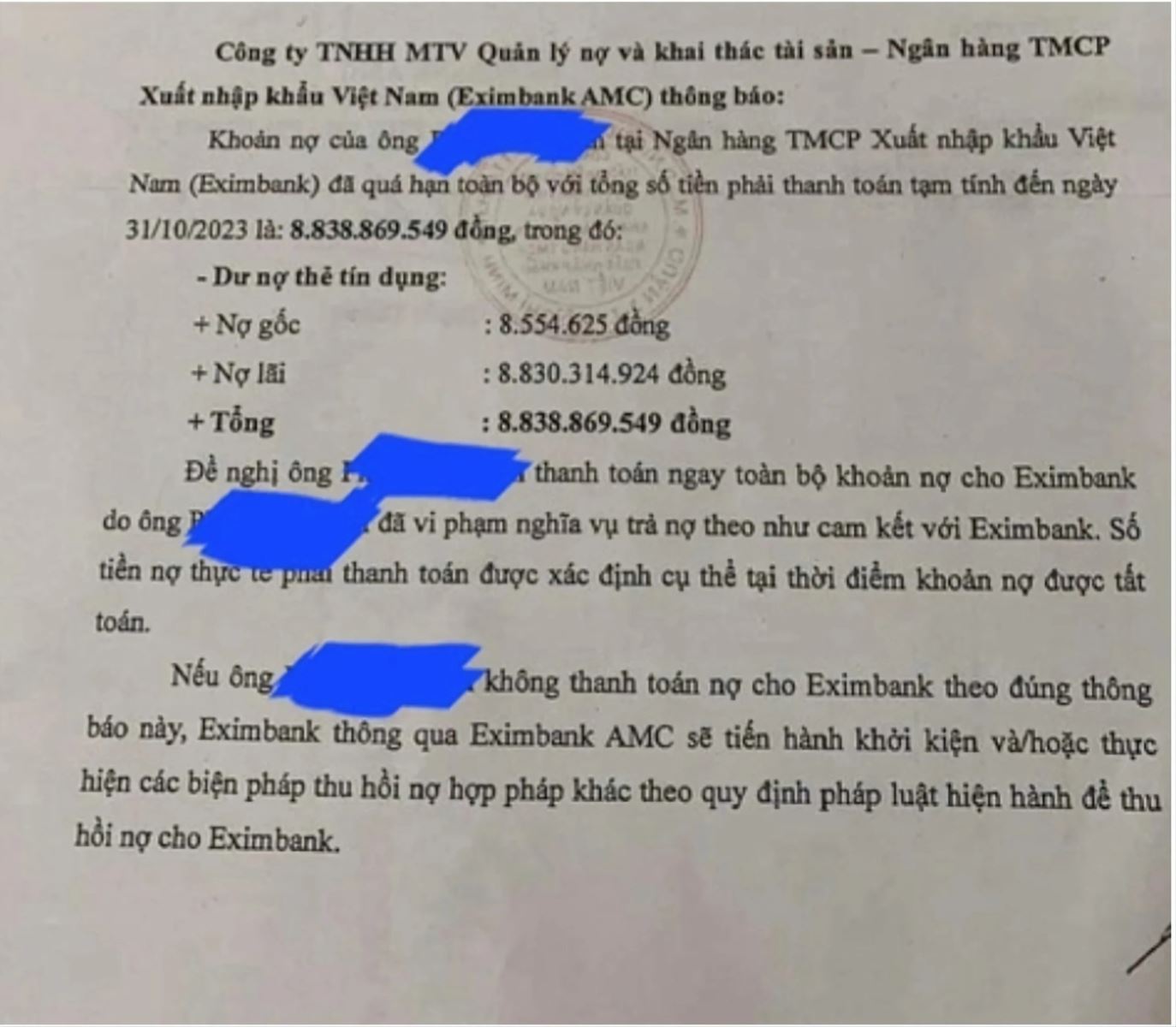 Làm rõ tính pháp lý vụ việc nợ thẻ tín dụng Eximbank gần 9 triệu thành nợ xấu hơn 8,8 tỷ đồng- Ảnh 1.