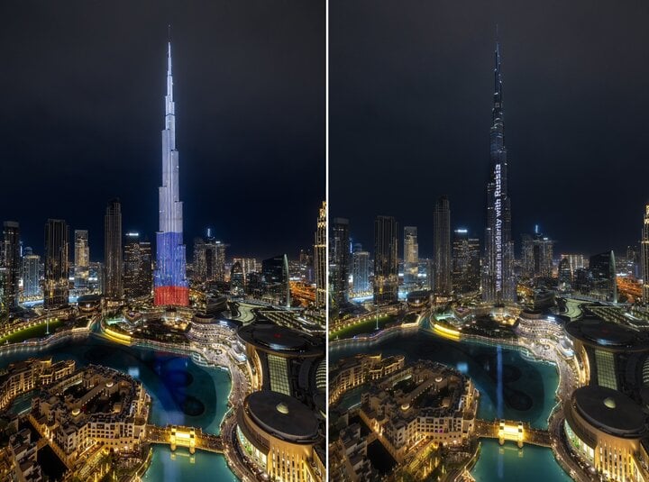 Tòa nhà cao nhất thế giới thắp sáng quốc kỳ, chạy chữ 'UAE ủng hộ Nga'- Ảnh 1.