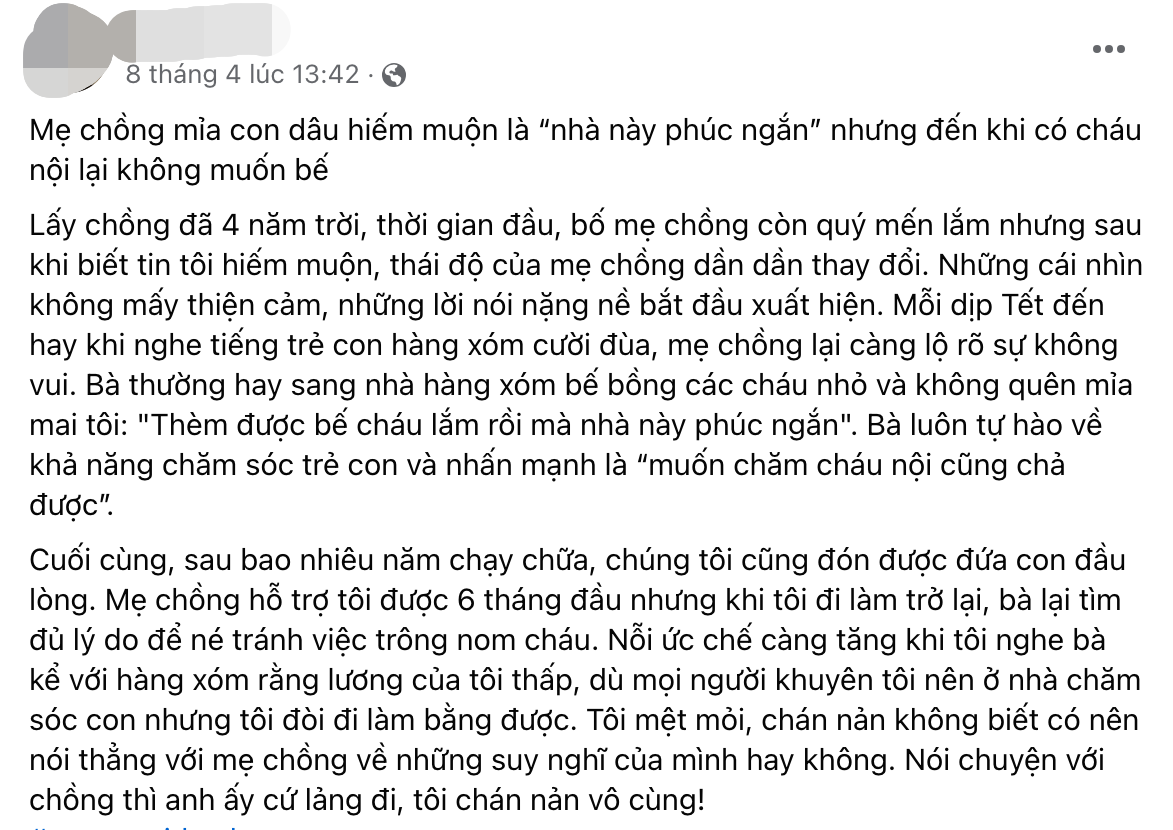 Mong đi làm sau 6 tháng nghỉ sinh, mẹ bỉm thất vọng khi bà nội nhất quyết né tránh trông cháu giúp- Ảnh 1.