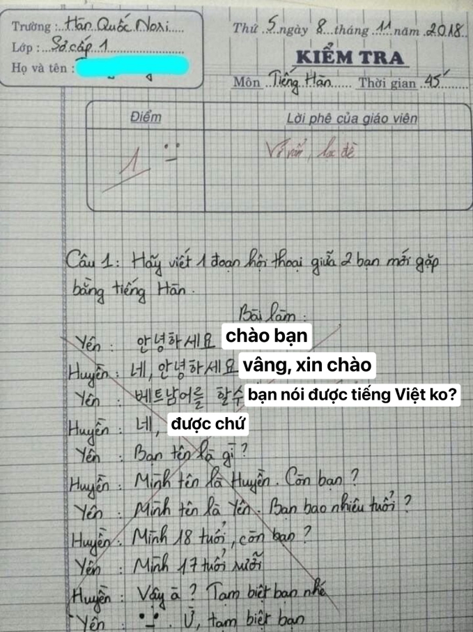 Bài kiểm tra tiếng Hàn của học sinh Việt khiến giáo viên 