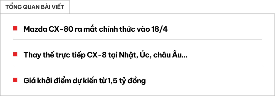 Mazda chốt ngày ra mắt CX-80 thế chân CX-8: Giá quy đổi dự kiến từ 1,5 tỷ, có 'ghế chủ tịch'- Ảnh 1.