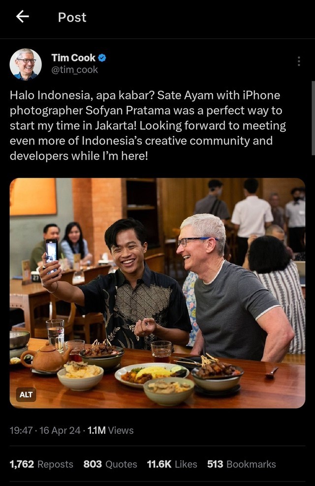 Tim Cook đã đặt chân tới Indonesia ngay sau chuyến thăm Việt Nam, tuyên bố đang tìm vị trí xây nhà máy mới tại đây- Ảnh 1.