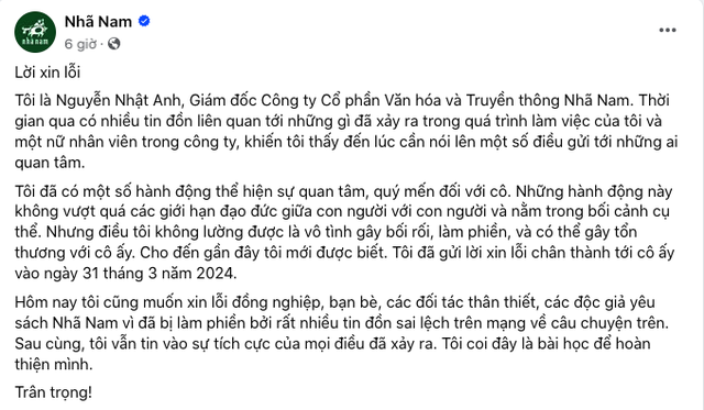 Giám đốc Nhã Nam xin lỗi sau khi có thông tin "quấy rối nhân viên nữ"- Ảnh 1.