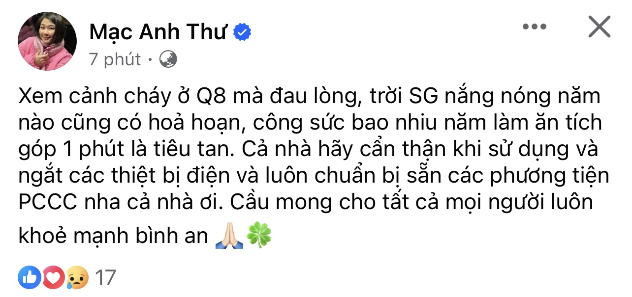 Dàn sao Việt xót xa trước vụ cháy ở TP HCM: 