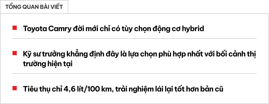 Toyota Camry đời mới chỉ có động cơ hybrid mà không dùng máy điện đang hot, hãng lý giải: 'Người dùng muốn thế'- Ảnh 1.