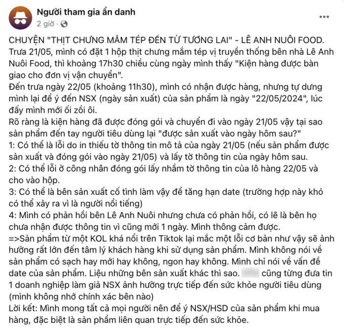 Bị tố không minh bạch về thông tin ngày sản xuất thịt chưng mắm tép, Lê Anh Nuôi nói gì giữa "drama"?- Ảnh 2.