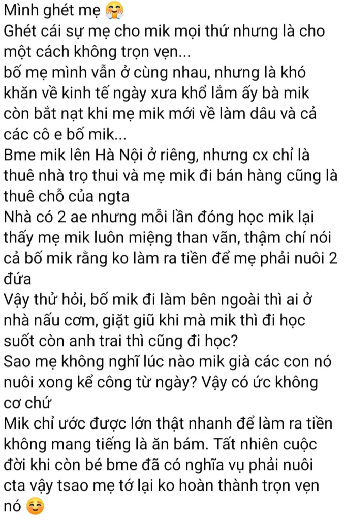 Tâm sự "Mình ghét mẹ" của một học sinh Hà Nội khiến nhiều phụ huynh đắng lòng: Mẹ sai hay con cái ngày càng ích kỉ, vô ơn?- Ảnh 1.