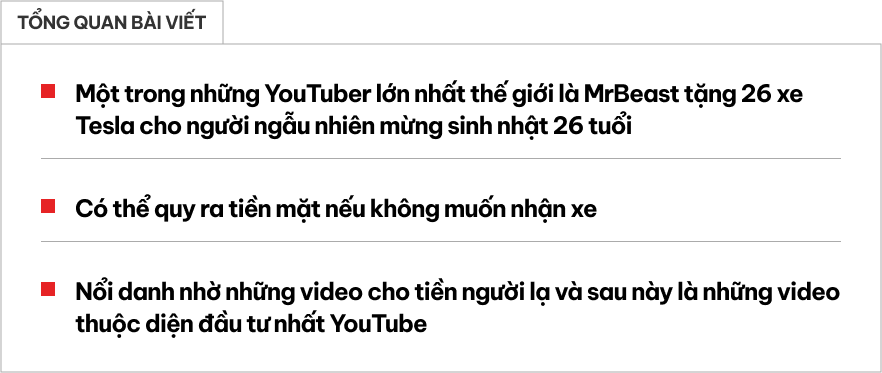 YouTuber 26 tuổi tặng 26 chiếc ô tô cho người theo dõi nhân dịp sinh nhật, ai trúng có thể đổi thành tiền mặt cao nhất hơn 3 tỷ đồng- Ảnh 1.