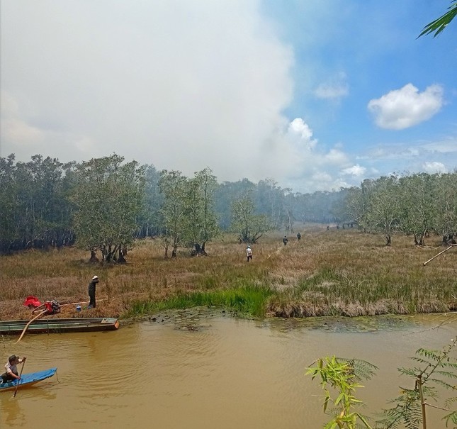 Đang cháy lớn tại Vườn Quốc gia Tràm Chim, hàng trăm người dập lửa- Ảnh 4.