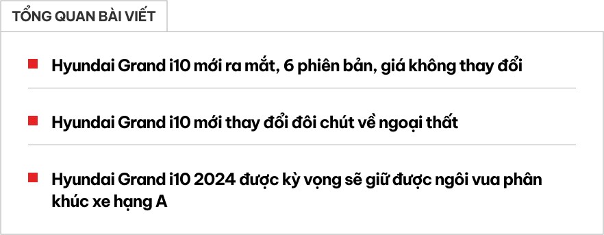 Hyundai Grand i10 2024 ra mắt Việt Nam: Giá không đổi từ 360 triệu đồng, có vài điểm mới cần biết- Ảnh 1.