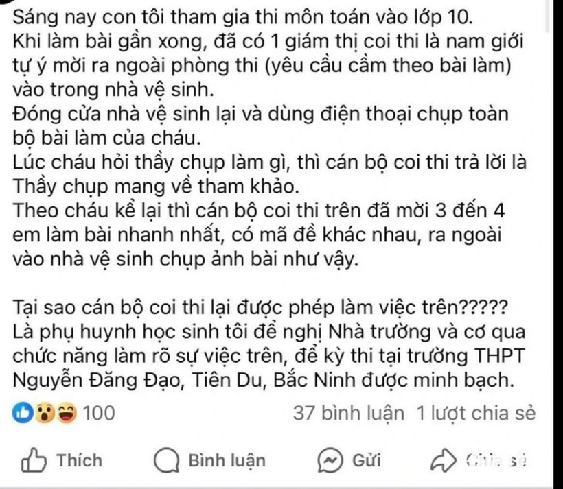 Công an xác minh thông tin "tố" giám thị ép thí sinh cầm bài thi vào WC để chụp lại- Ảnh 1.