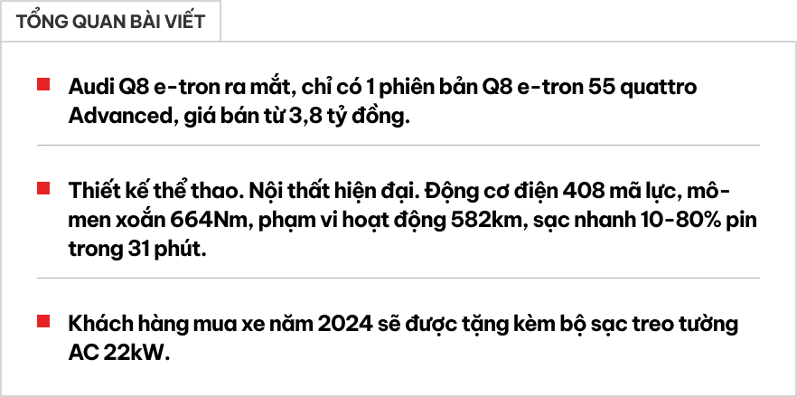 Audi Q8 e-tron ra mắt Việt Nam: Giá từ 3,8 tỷ đồng, bảo hành pin 8 năm, tặng sạc miễn phí- Ảnh 1.