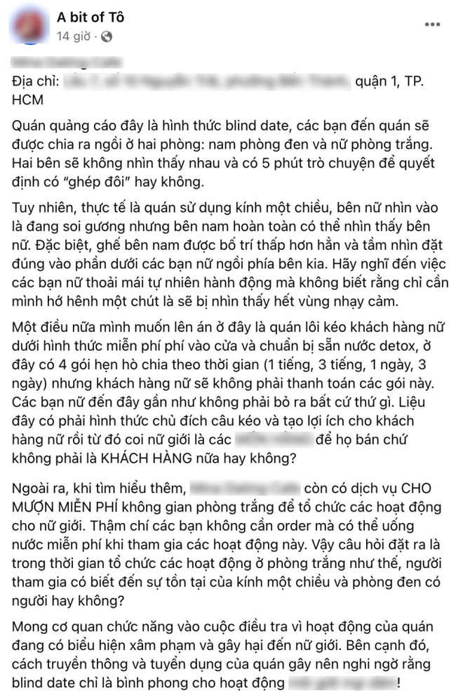 Dịch vụ cà phê "hẹn hò" ở TP.HCM nghi dùng gương 1 chiều gây nguy hiểm cho phái nữ: Cập nhật mới nhất tình hình hiện tại- Ảnh 1.