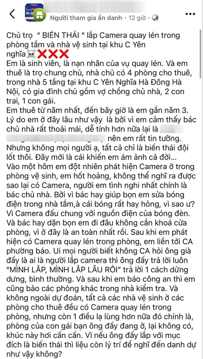 Sốc: Thêm vụ chủ trọ tại Hà Nội lắp camera quay lén trong phòng tắm nữ sinh, thản nhiên thừa nhận "mình lắp lâu rồi"- Ảnh 1.