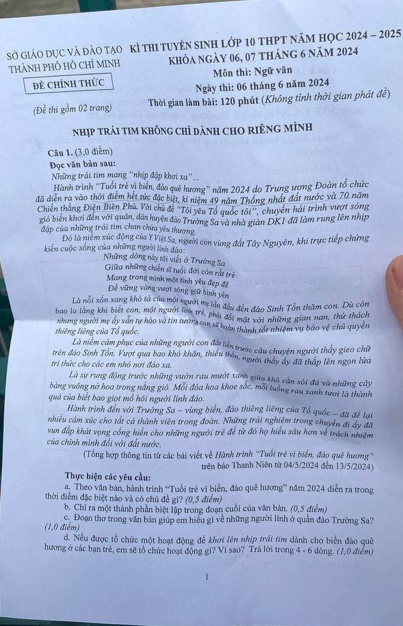 Đề thi Ngữ văn tuyển sinh lớp 10 năm 2024 TPHCM siêu hay: "Nhịp trái tim không dành cho riêng mình" - từ suy nghĩ cá nhân đến cả Trường Sa xa xôi!- Ảnh 1.
