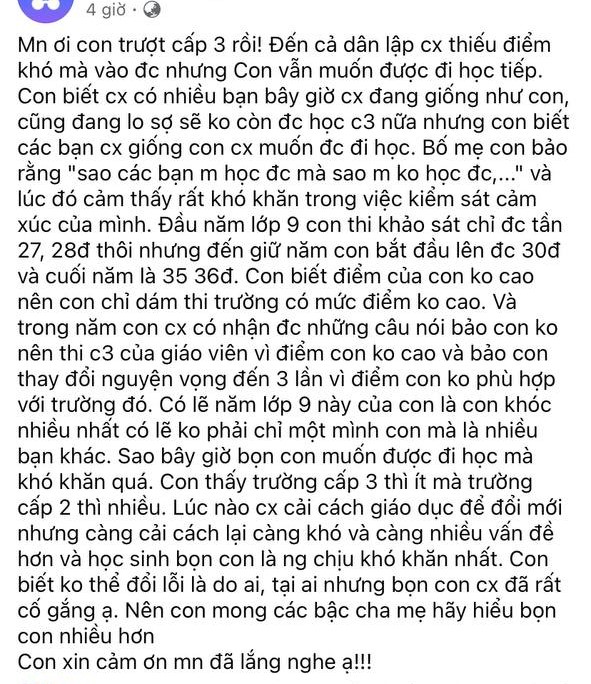 Trượt tất cả nguyện vọng vào lớp 10, sĩ tử Hà Nội viết vài dòng tâm sự khiến ai cũng rưng rưng: Con mong cha mẹ hãy hiểu con hơn- Ảnh 1.