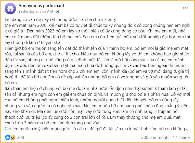 Mẹ mất sớm, bố lấy vợ mới rồi muốn “cướp” luôn tài sản mà vợ cũ để lại cho con: CĐM bất bình thay cô con gái, đồng thanh khuyên nên làm ngay một việc- Ảnh 1.