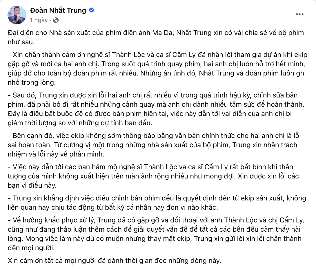 Ồn ào phim Việt chấn động nhất hôm nay: Thành Lộc - Cẩm Ly bị cắt vai, NSX xin lỗi nhưng càng bị chỉ trích- Ảnh 4.