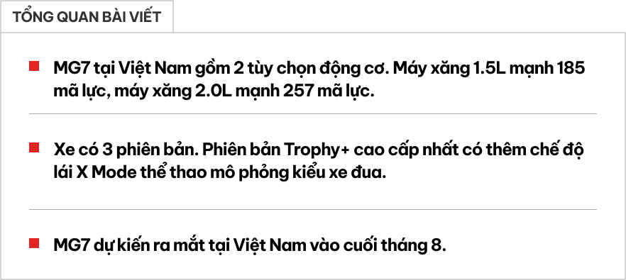 Cận cảnh MG7 ra mắt Việt Nam ngay tháng này: 2 tùy chọn động cơ, chế độ lái 'siêu xịn', chỉ đợi giá tốt- Ảnh 1.