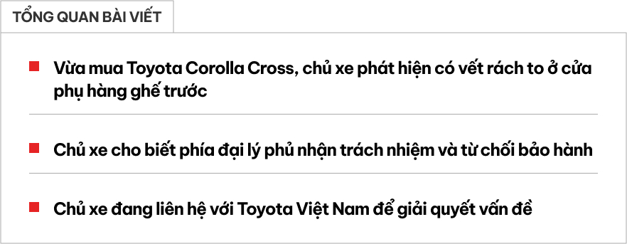 Mua phải Toyota Corolla Cross bị rách ở cửa, chủ xe tại Thanh Hóa chia sẻ: 'Sales giấu lỗi, đại lý không nhận bảo hành'- Ảnh 1.